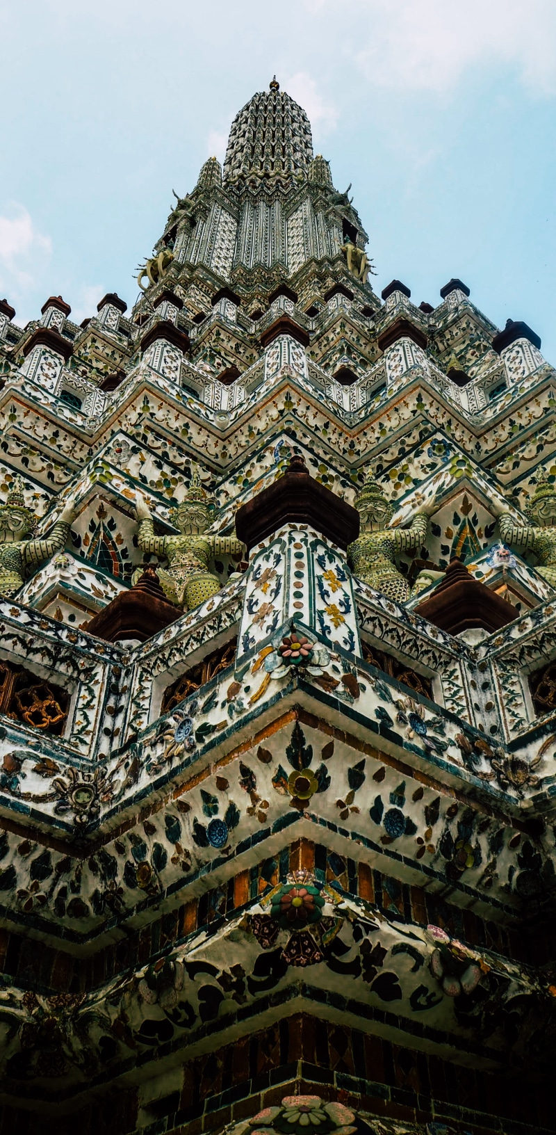 wat pho, roof, building, spire, history, pattern, building exterior, wat pho temple, asia, bangkok, spirituality, day, architecture, sky, tower, angle