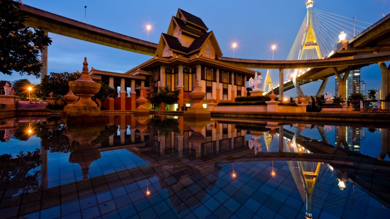 outdoors, sky, nature, bangkok, asia, water, reflecting pool, building, lighting, built structure, park, bridge, samut prakan, tourist attraction, thailand