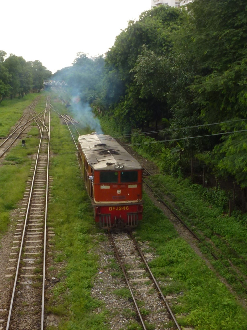 smoke - physical structure, asia, tree, track, on the move, outdoors, mode of transportation, transport, land vehicle, green color, rail transportation