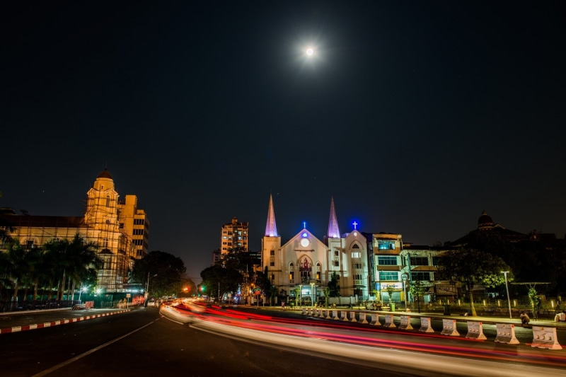 yangon, sky, traffic, outdoors, city, speed, long exposure, baptist, 1080P, light trail, night, myanmar, office building exterior, gray, cathedral, skyscraper