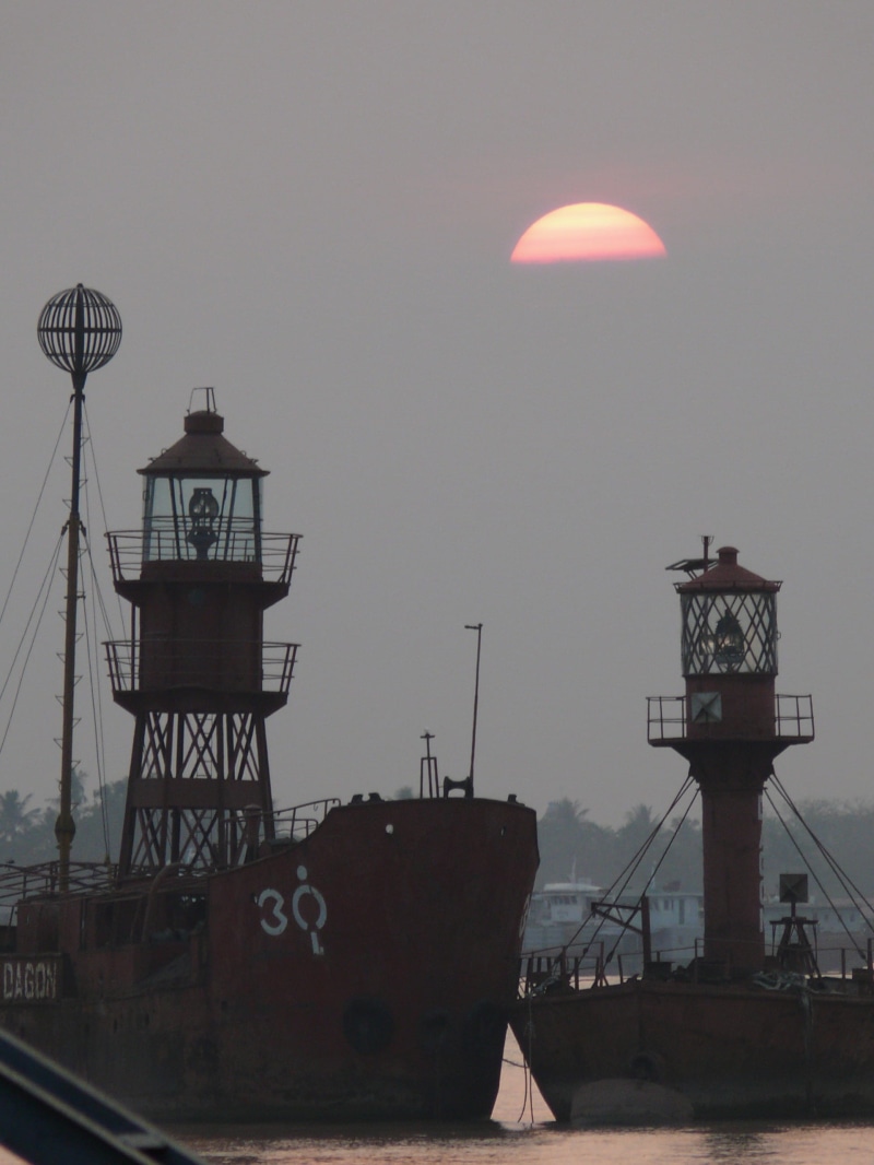 building exterior, architecture, nautical vessel, nature, outdoors, mode of transportation, harbor, sun, Myanmar, sea, river, tower, water, industry, dusk