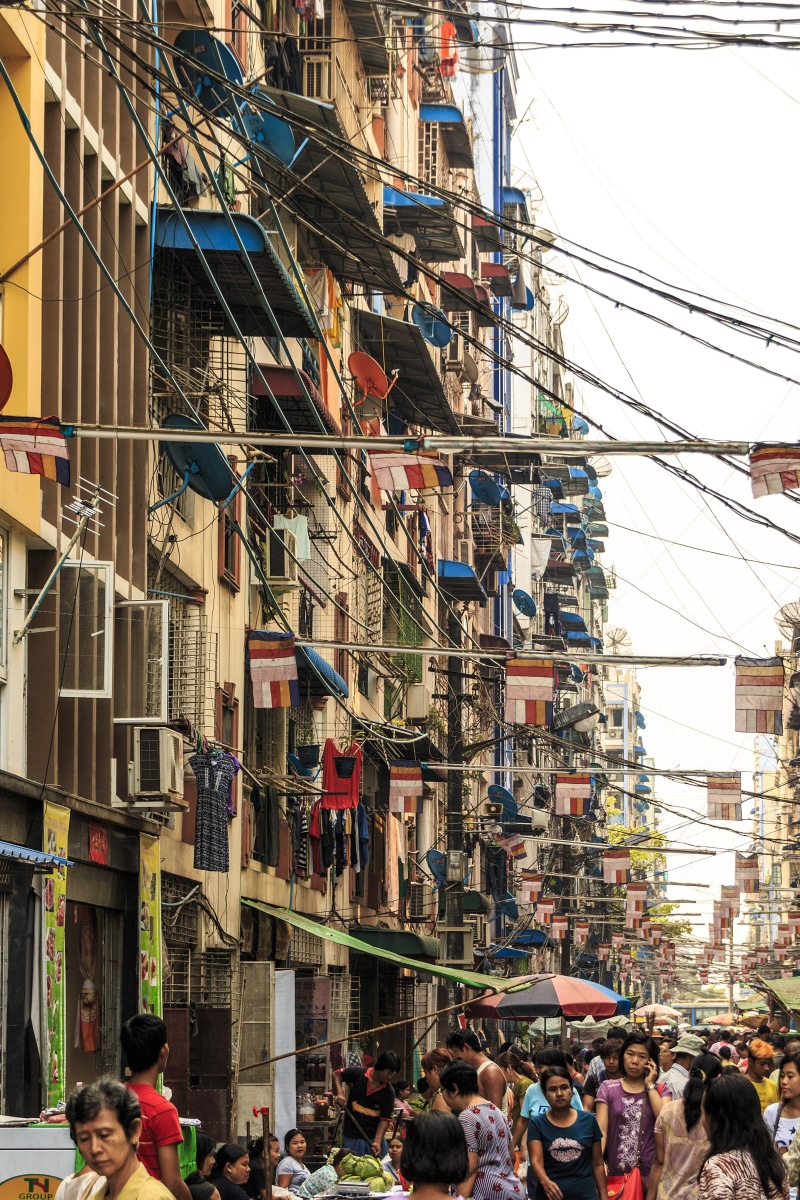 city, scenery, women, large group of people, group of people, built structure, burma, street, city life, travel, rangoon, adult, street market, lifestyles