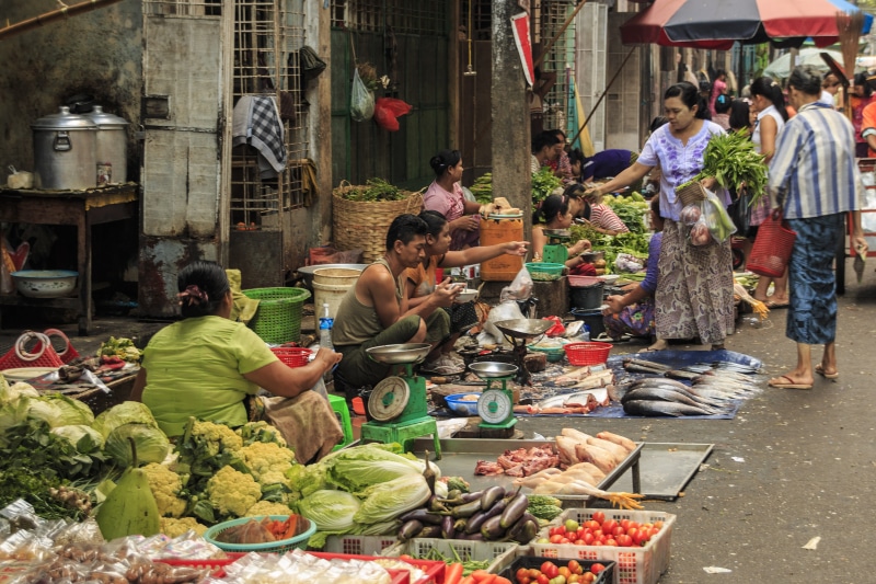 myanmar, men, asia, sale, culture, retail, burma, business, market stall, vegetable, small business, 5K, rangoon, adult, tourism, selling, street market