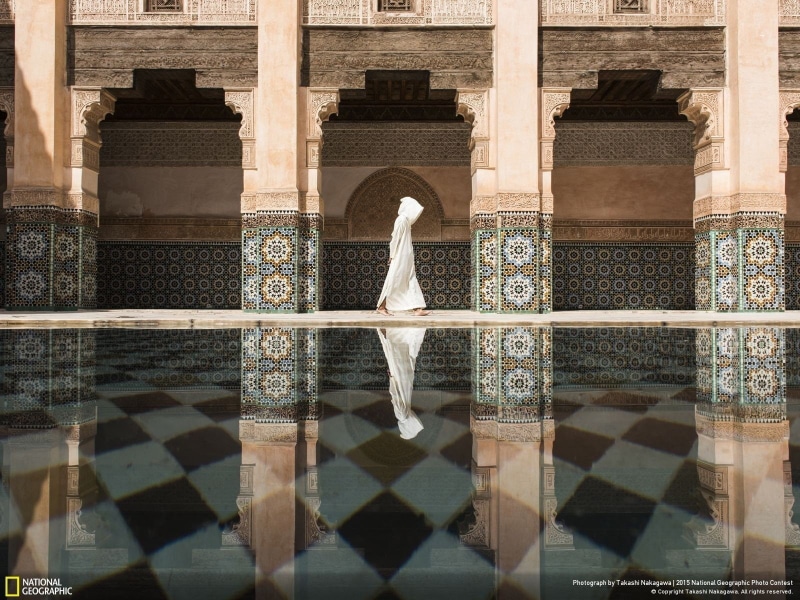 outdoors, day, nature, 720P, one person, architectural column, pattern, building, women, water, travel destinations, adult, building exterior, built structure