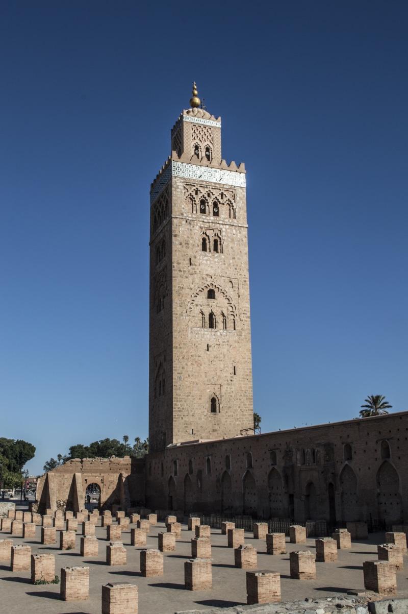 day, muslim, marrakech, building, built structure, clear sky, town, blue, el, street, tourism, place, islam, the past, tourist, nature, minaret, fna, cityscape