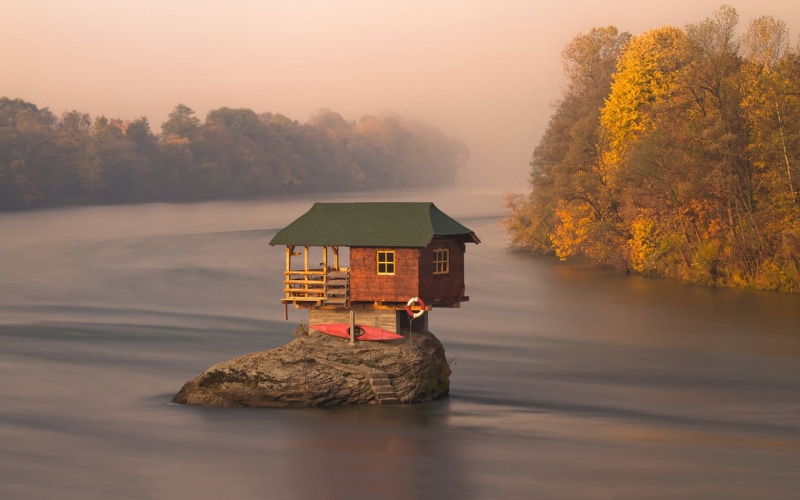 built structure, sky, beauty in nature, wooden, tree, orange color, plant, Serbia, fog, change, tranquility, brown, outdoors, house, building exterior