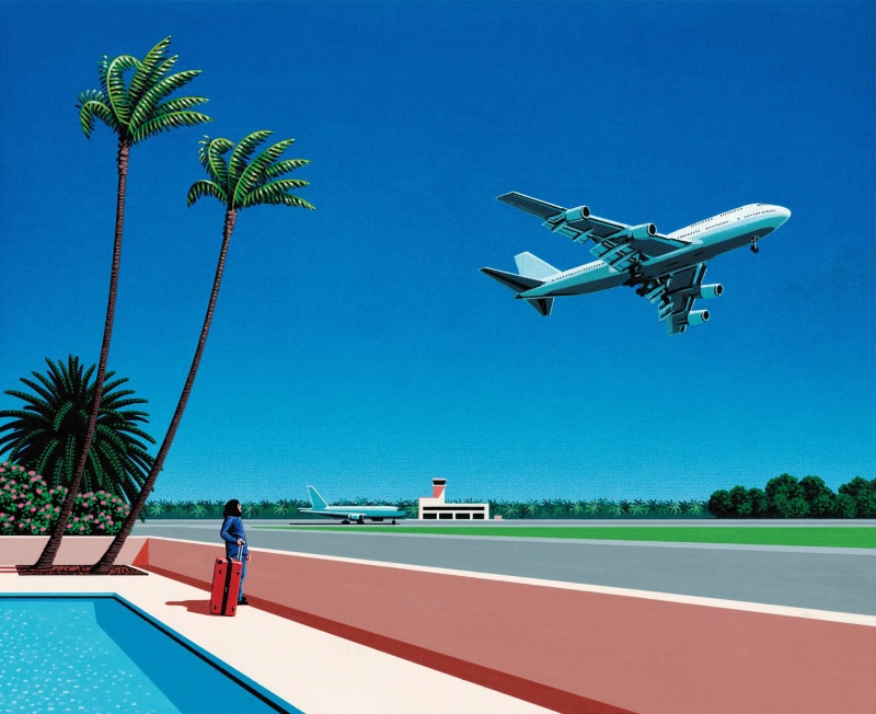 swimming pool, painting, palm trees, airplane, Retrowave, Hiroshi Nagai, 2K