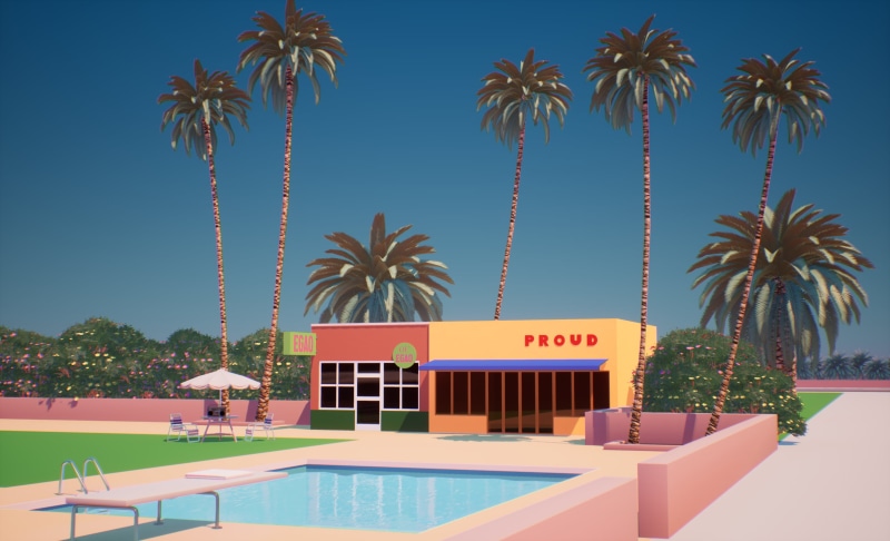 digital art, 2K, swimming pool, render, palm trees, vaporwave