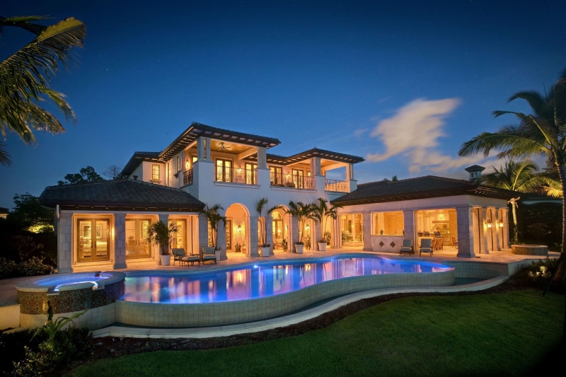 modern, 720P, house, clouds, palm trees, building, grass, reflection, HDR, lights, swimming pool