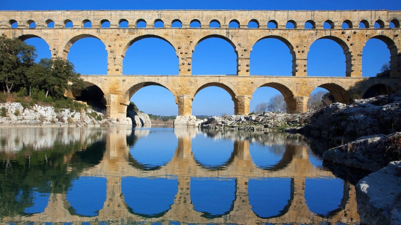water, sky, France, nature, building, aqueducts, mountains, ice, history, ancient, landscape, travel destinations, 1080P, tourism, outdoors, lake, arch