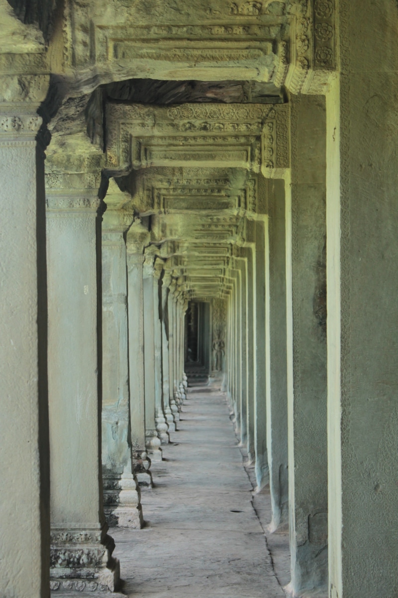 colonnade, in a row, history, culture, arch, famous, stone, building, khmer, architecture, diminishing perspective, indoors, the past, ancient civilization