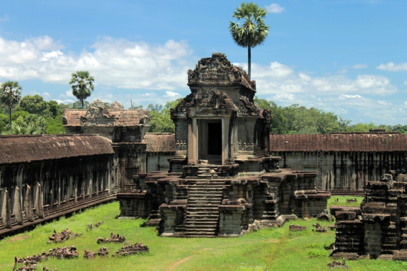 culture, cambodia, cloud - sky, building exterior, ancient civilization, travel, travel destinations, history, religion, ruins, grass, historic, famous