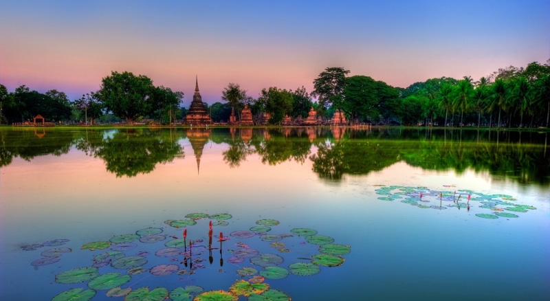 water, lake, built structure, Asia, travel destinations, sky, sukhothai, tranquility, building exterior, sunset, tranquil scene, 1080P, outdoors, trees