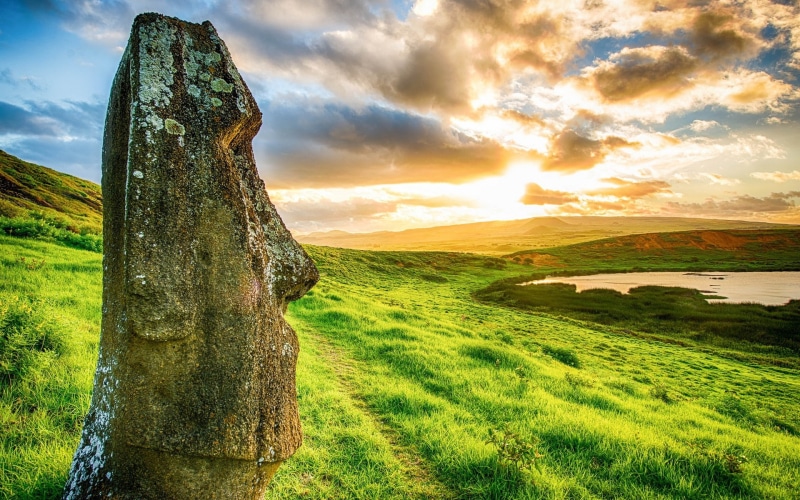 grass, archeology, easter, site, nui, easter island, island, world, beach, chile, clouds, sunset, moai, heritage, rapa nui, enigma, statue, nature, rapa