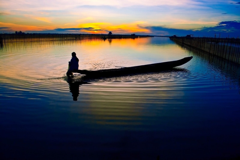 orange color, nature, men, cloud - sky, reflection, Vietnam, beauty in nature, Sunrise, Lagoon, tranquility, real people, water, scenics - nature, lake