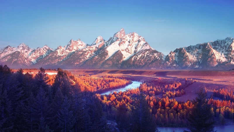 mountains, tetons, nature and landscapes, river, 1080P, pink, forest, gr, snake, hue