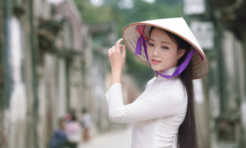 Ao Dai, girls, waist up, Women, Asian Conical Hat, childhood, child, holding, outdoors, one person, Girl, incidental people, lifestyles, Asian, clothing