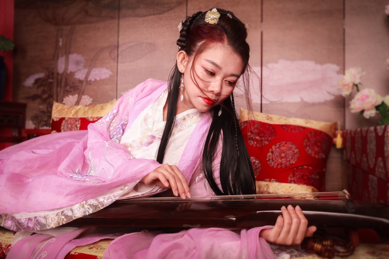skill, young adult, plucking an instrument, musician, Asian, waist up, classical style, women, indoors, happiness, beautiful woman, classical music, one person