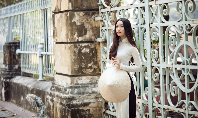 nón lá, women, outdoors, long hair, model, brunette, vietnamese, áo dài, hat, standing, Asia, Asian, 1080P