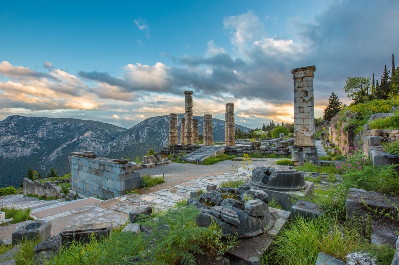 cloud - sky, building, stones, travel destinations, sky, ruined, 1080P, mountains, nature, history, tree, built structure, Greece, city, outdoors, Delphi