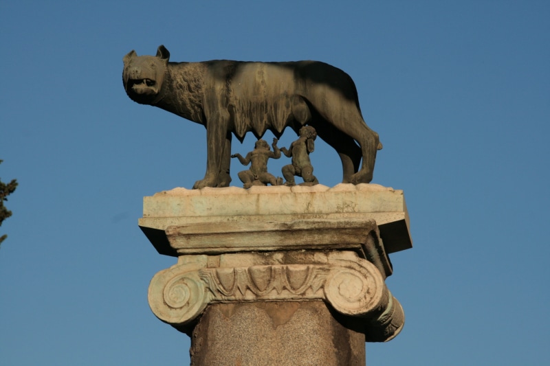 mythology, She-Wolf, monument, representation, history, outdoors, ornate, landmark, Romulus, 4K, nature, Remus, Rome, mammal, clear sky, architecture