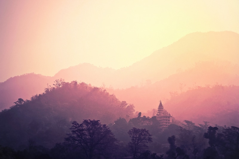 fog, architecture, sun, sunrise - Dawn, ganga, holy, plant, cultures, landmark, travel destinations, hill, mountain, winter, buddhism, scenics - nature