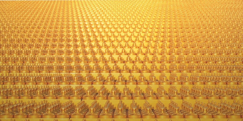phra dhammakaya, ornate, yellow, thai, in a row, buddhas, order, architecture, textured, gold Colored, 4K, abundance, dhammakaya movement, temple, wat