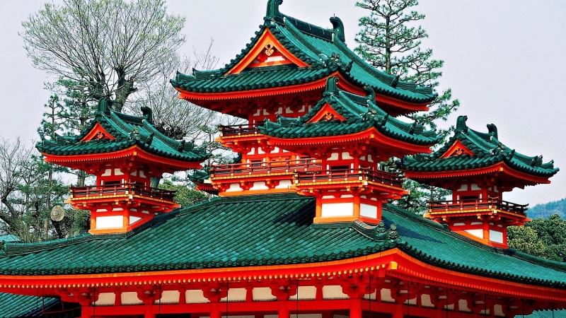 1080P, place of worship, Heian Shrine, ornate, Japan, nature, roof, rooftops, shrine, tree, outdoors, belief, building, low angle view, architecture, spirituality
