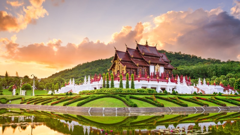 lake, tourism, travel, asia, reflection, thailand, architecture, outdoors, landscape, tree, nature, building, sunset, chiangmai, water, sky, plant, 1080P