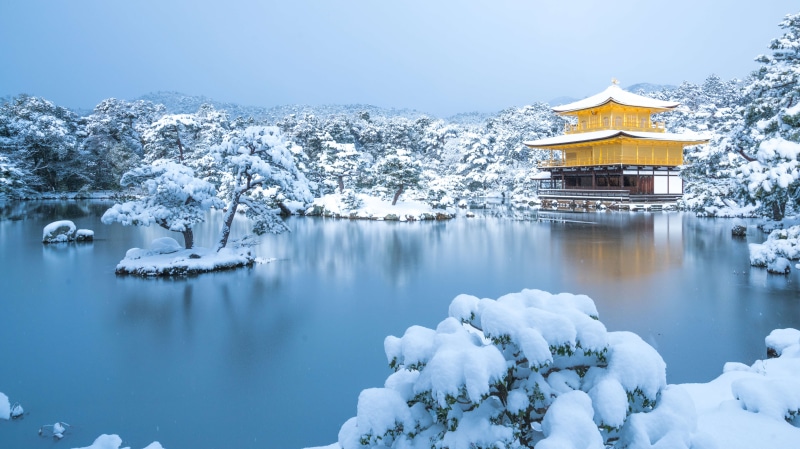 winter, snow, Kinkaku-ji, nature, 5K, lake, Japan, Kyoto