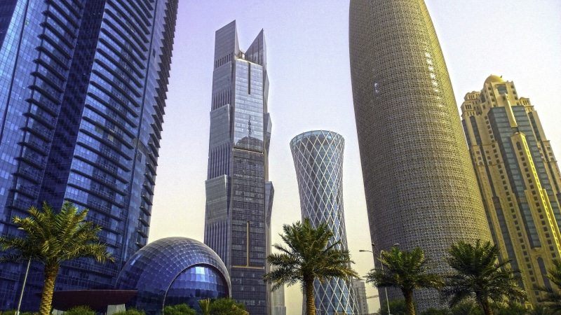 west, travel destinations, West Bay, blue, sky, Qatar, low angle view, tall - High, office building exterior, architecture And Buildings, urban Skyline