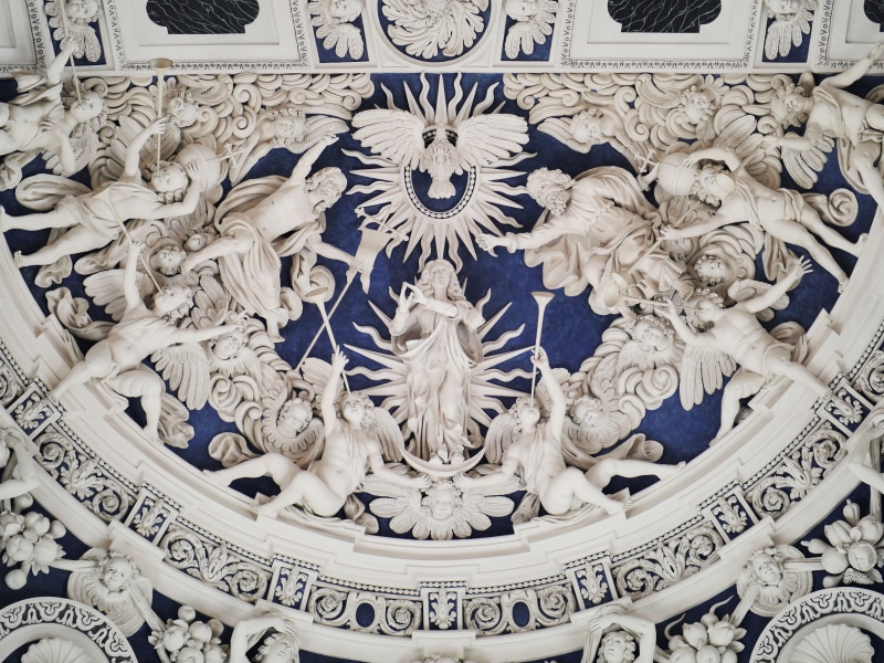 mural, chapel, white, ornate, directly below, place of worship, blue, architecture, low angle view, ceiling, faith, close-up, relief, floral pattern, human representation