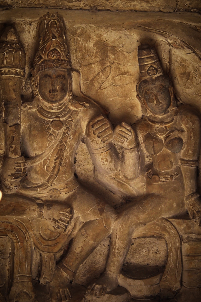 indoors, spirituality, sculpture, religion, archaeology, history, the past, carving, human representation, place of worship, architecture, kanchipuram