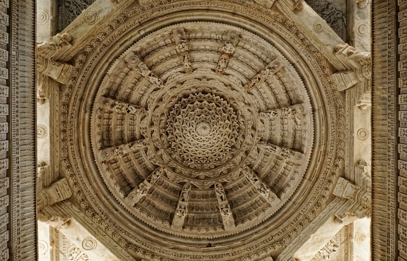 architecture and art, history, jain temple, dome, no people, directly below, travel, old, shape, ceiling, cupola, religion, architecture, concentric, built structure