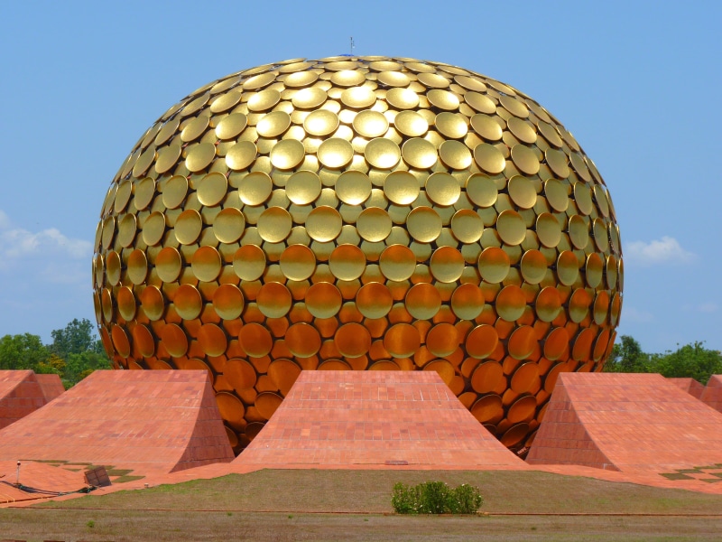 architecture, ancient history, building exterior, outdoors, history, low angle view, roof, auroville, pondichery, no people, sky, Mandir, Ashram, tourism