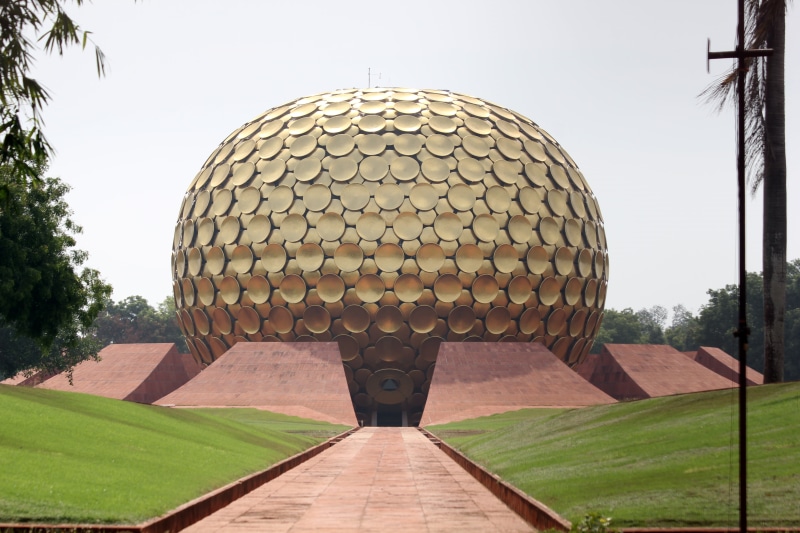 outdoors, tree, matir mandir, place of worship, golden globe, dome, pattern, spiritual, auroville, built structure, no people, day, plant, building exterior