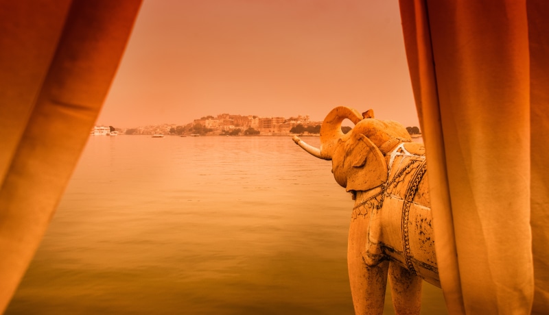 elephant, people, tranquility, looking at view, facing, land, india, orange color, travel destinations, sunset, dawn, side view, looking, camel, behind