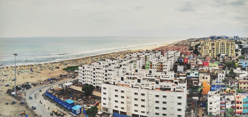 residential district, architecture, day, high angle view, crowd, horizon over water, nature, beach, horizon, built structure, 4K, chennai, water, sea
