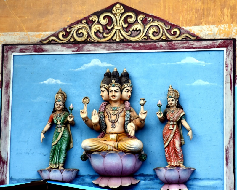 wall - building feature, belief, multi colored, statue, day, culture, meenakshi amman temple, human representation, sculpture, Brahma, built structure