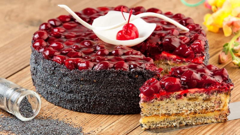 table, torte, food and drink, indoors, still life, food, temptation, indulgence, baked, cake, sour cherry, unhealthy eating, cherry pie, 1080P, sweet