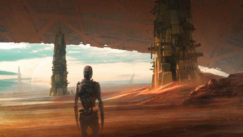 daniel liang, desert, science fiction, concept art, futuristic, sand, 1080P, robot