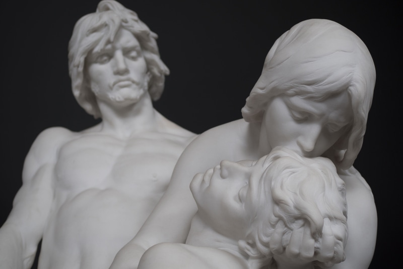 history, adam, man, 4K, eve, female likeness, black background, human representation, museum, art, antique, marble, statue, angel, representation, stone