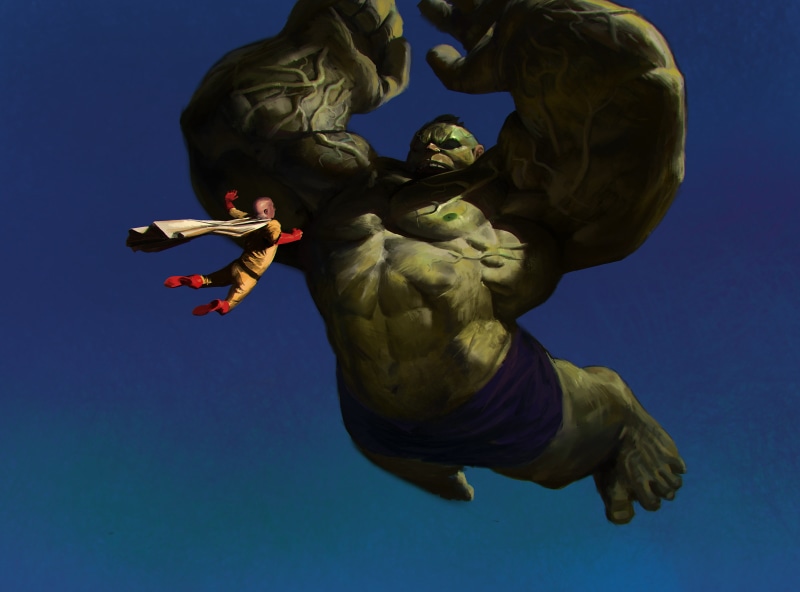 outdoors, clear sky, 4k, blue, hulk, artwork, one punch man, fine art statue, human representation, art and craft, low angle view, day, digital art, sky