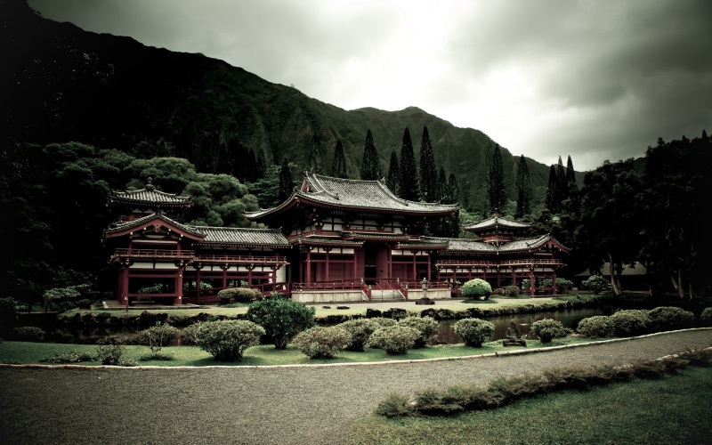 nature, temple, tree, architecture, garden, cloud - sky, outdoors, building exterior, religion, mountain, spirituality, black, no people, China, shrine
