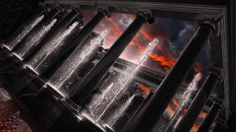 fountain, fantasy art, 1080P, temple, red