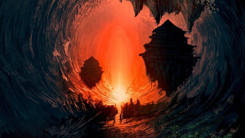 house, light - Natural Phenomenon, beauty in nature, belief, peak, fantasy art, red, fire, art, illustration, sky, nature, spirituality, buddhism, orange