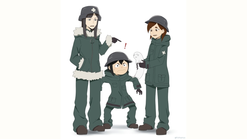 anime, Shoujo Shuumatsu Ryokou, Asakusa Midori, Kanamori Sayaka, Mizusaki Tsubame, white background, crossover, anime girls, Eizouken ni wa Te wo Dasu na!