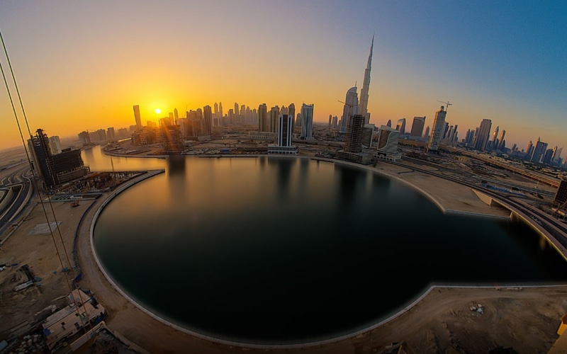  skyscrapers, round, united, 1080P, dubai, desktop, buildings, sunset, architecture, emirates, hd, lake, arab, center, city
