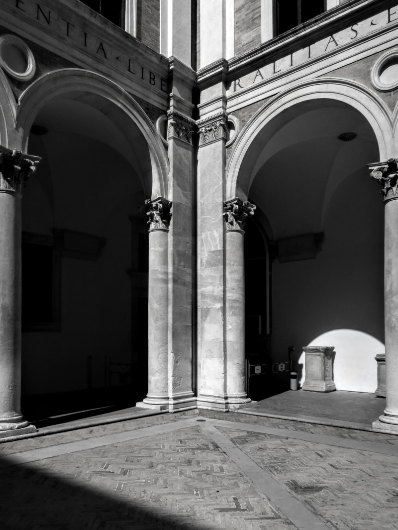 arch, building exterior, architectural column, renaissance, columns, no people, renaissance architecture, urbino, palazzo ducale di urbino, place of worship