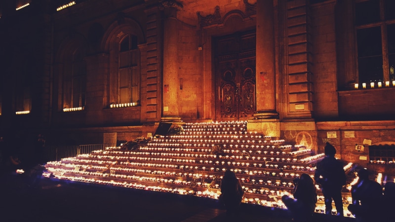 Lyon, large group of people, photography, place of worship, women, 2K, men, built structure, decoration, city, night, real people, spirituality, history